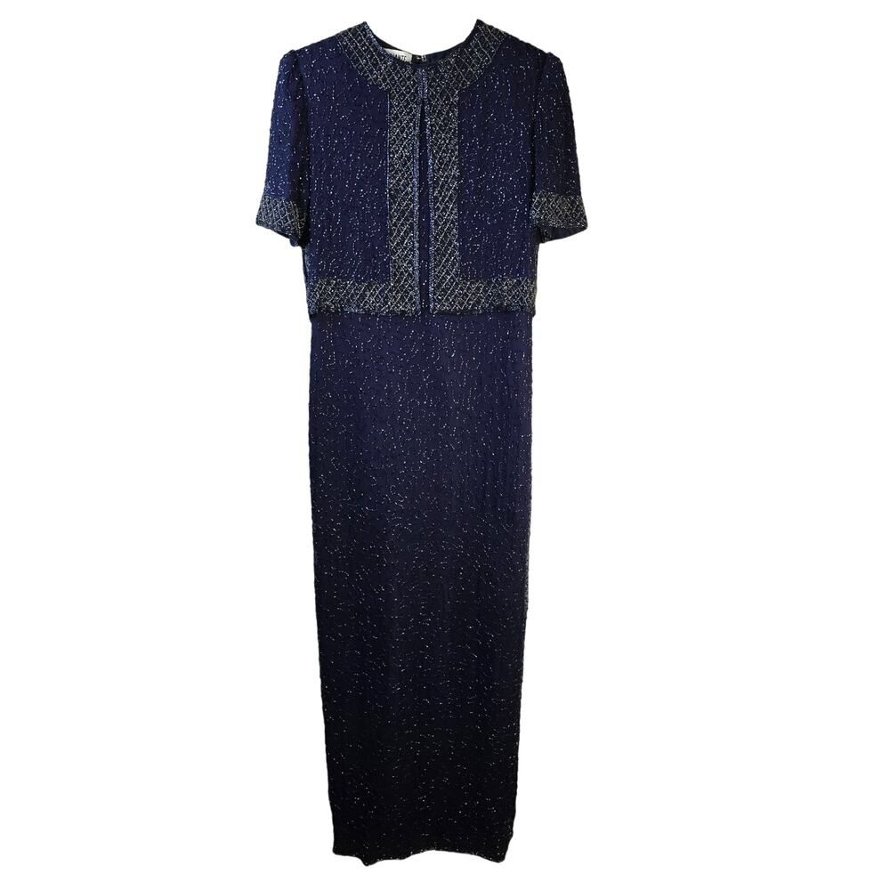 Brilliante By JA Dress Women's M Navy Silk Beaded Formal Event Elegant Party